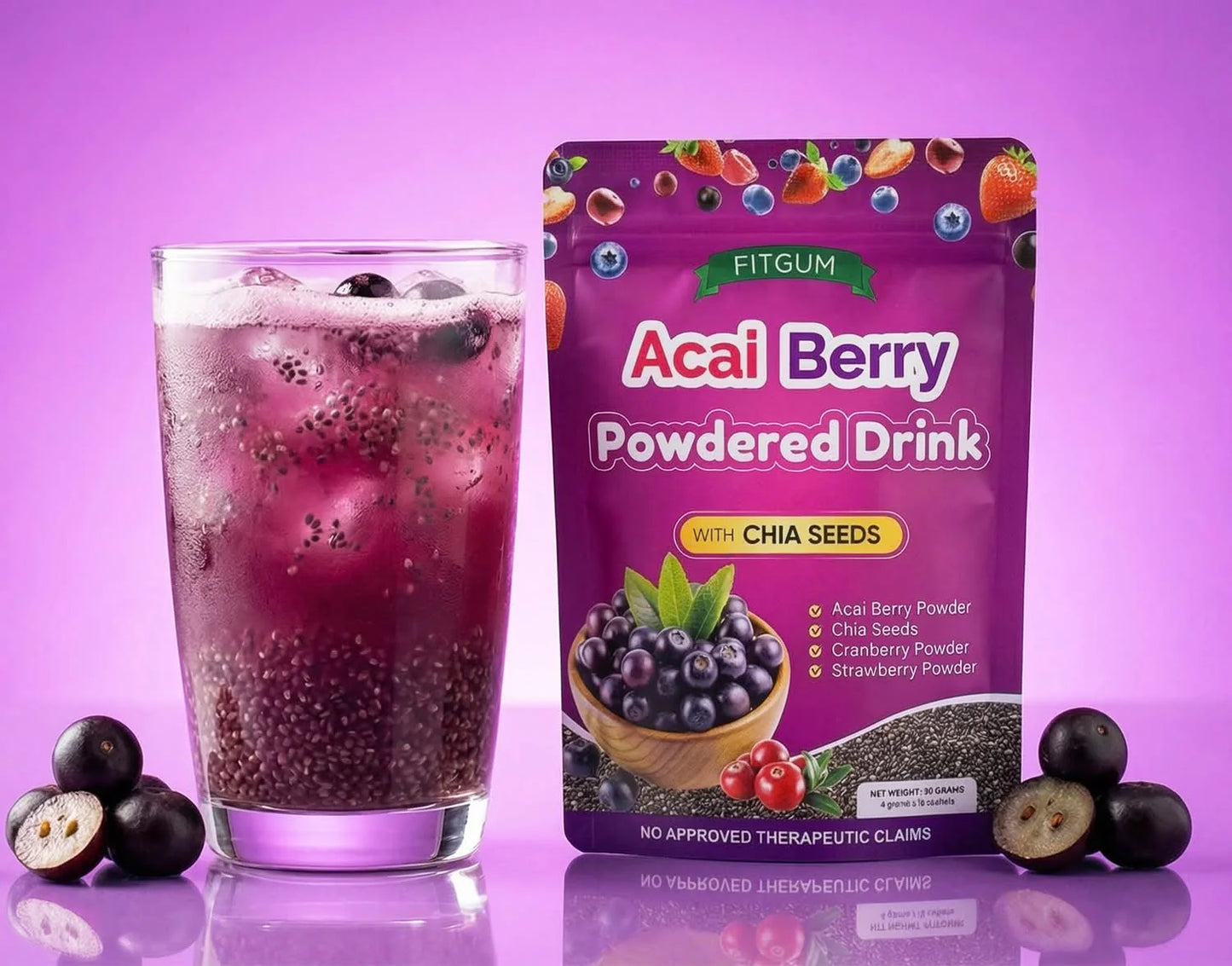 Fitgum Açaí Berry Powdered Drink w/ Chia Seeds