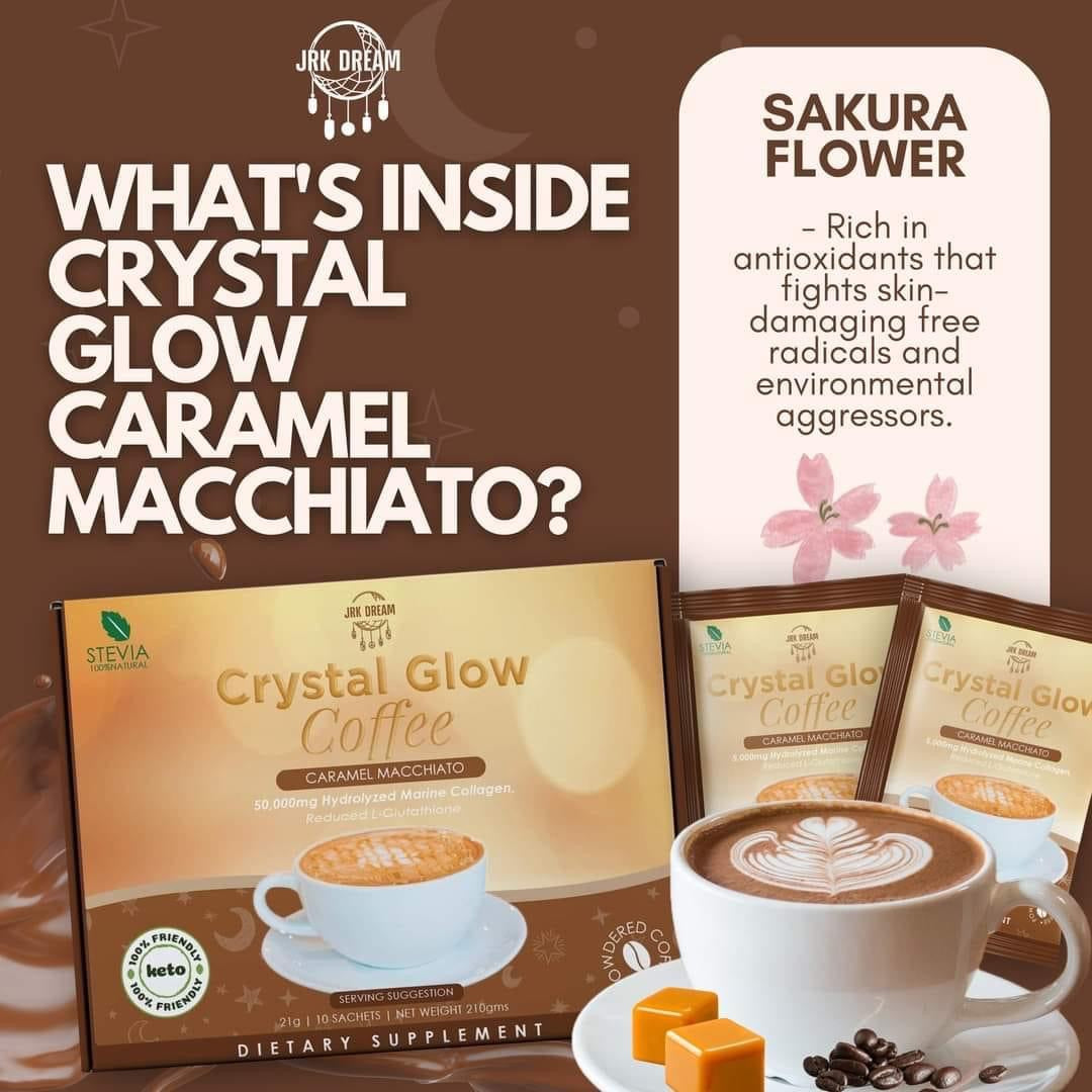 Crystal Glow Coffee CARAMEL MACCHIATO 50,000mg Hydrolyzed Marine Collagen Mix, 10 Sachets