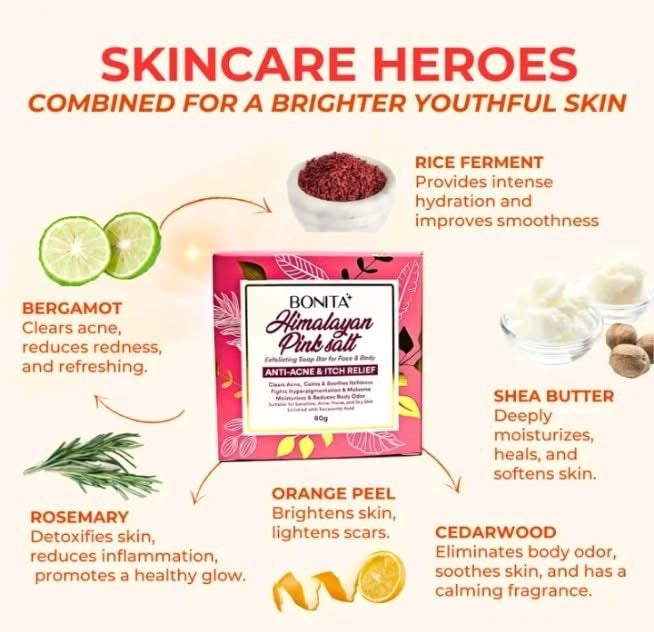 Bonita -Himalayan pink salt Exfoliating soap Bar for Face & Body -80g
