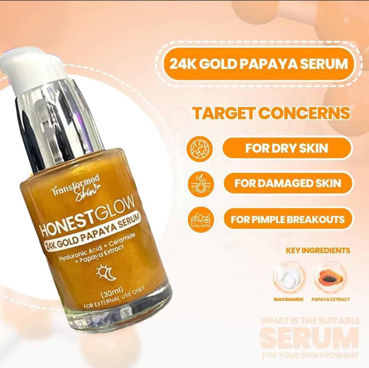 HonestGlow Transformed skin - 24k Gold Papaya Serum -30ml