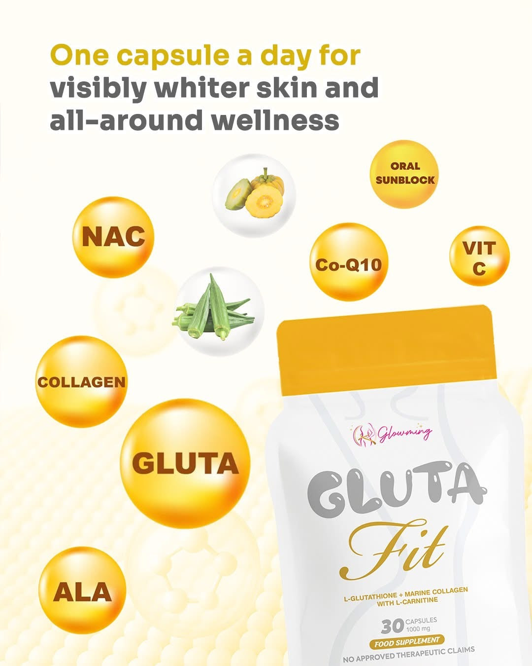 Glowming - Gluta Fit L-Glutathione  + Marine Collagen w/carnatine - 30caps/pack -1000mg