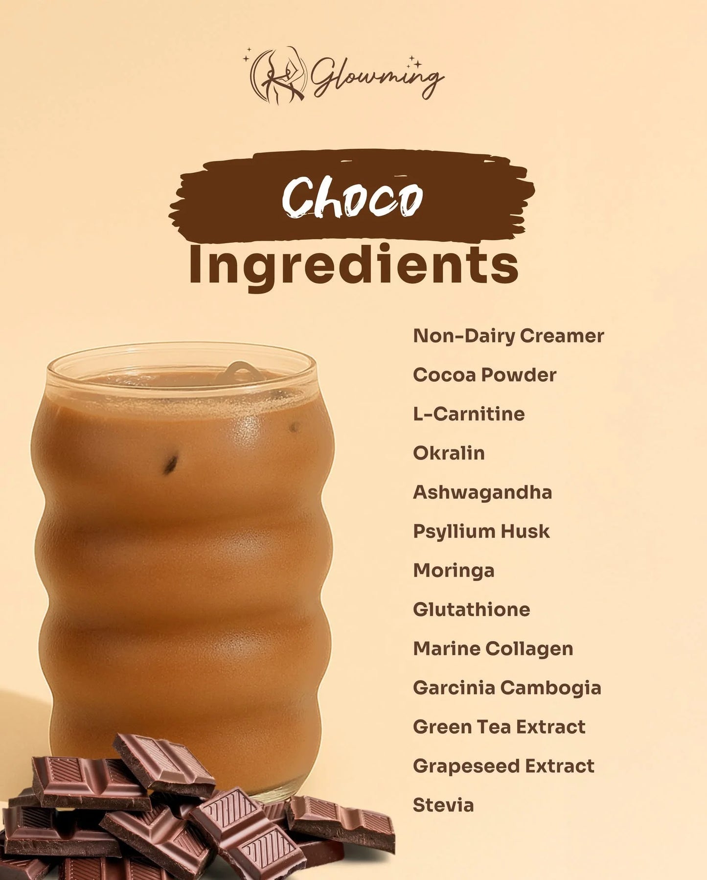 GLOWMING -CHOCO /CHOCOLATE POWDER DRINK MIX -10 sachets X 20g