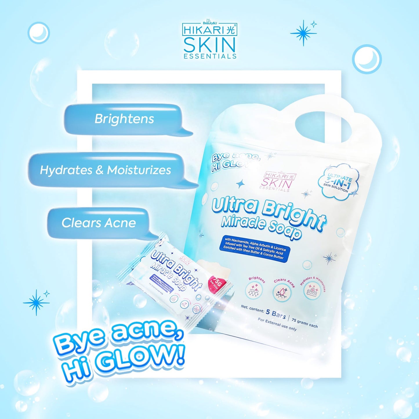 Hikari Skin Essentials UltraBright Miracle soap -Daily Gentle Cleansing soap Bars for Smooth and Radiant Skin.