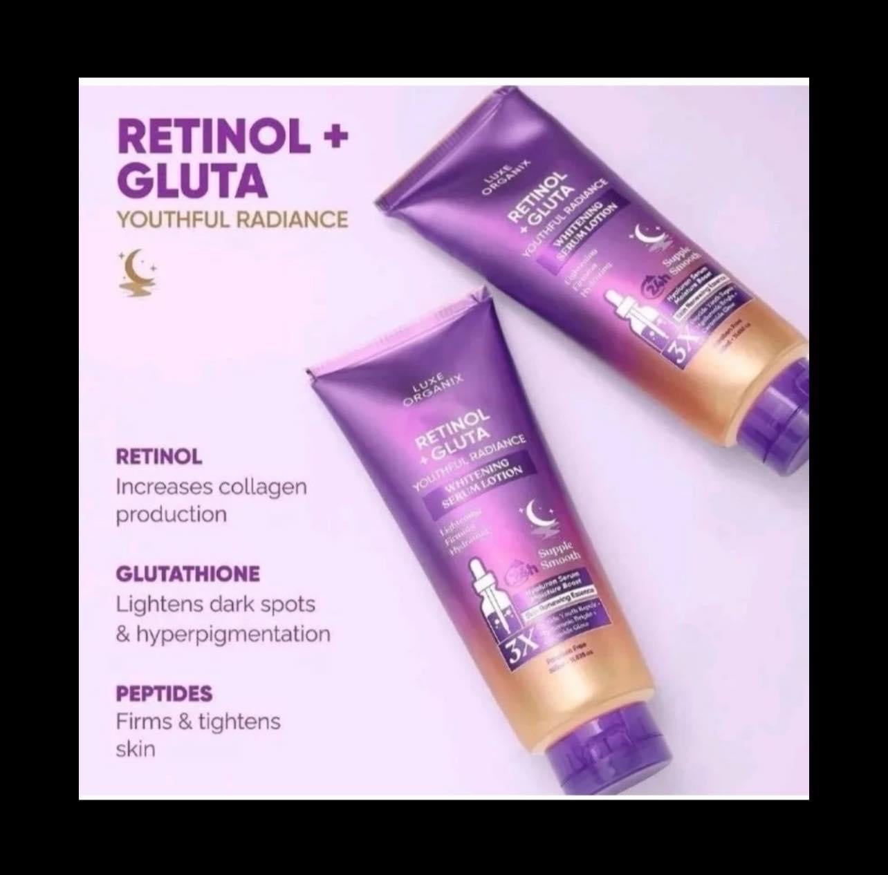 luxe organix glutathione Retinol + Gluta Whitening Serum Lotion & Retinol Cloud Soap it nourishes deeply while lightening the skin for a more even tone. Luxe Organix Retinol + Gluta