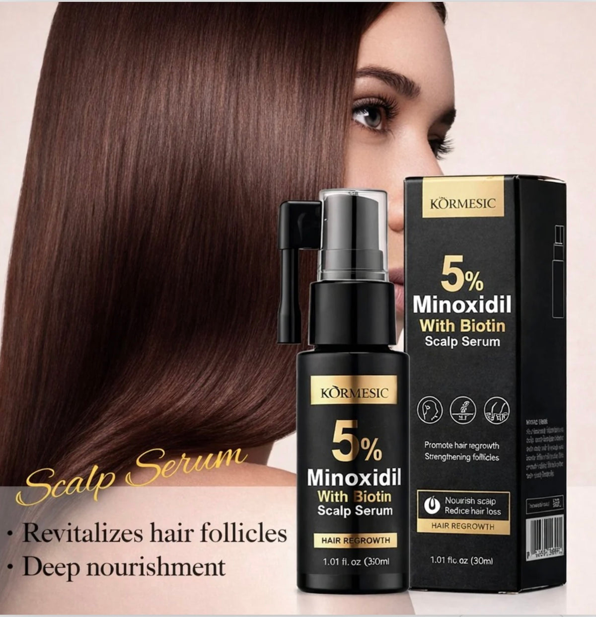 KORMESIC 5% Minoxidil with Biotin Scalp Serum 30ml - Hair Growth & Thickening Treatment, Follicle Stimulating Formula, Lightweight Nourishing Scalp Care for Thinning Hair (Men & Woman)