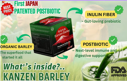 Kanzen Barley Powder Drink Mix with Prebiotic and Japan Patented POSTBIOTIC - 10sachet /Box