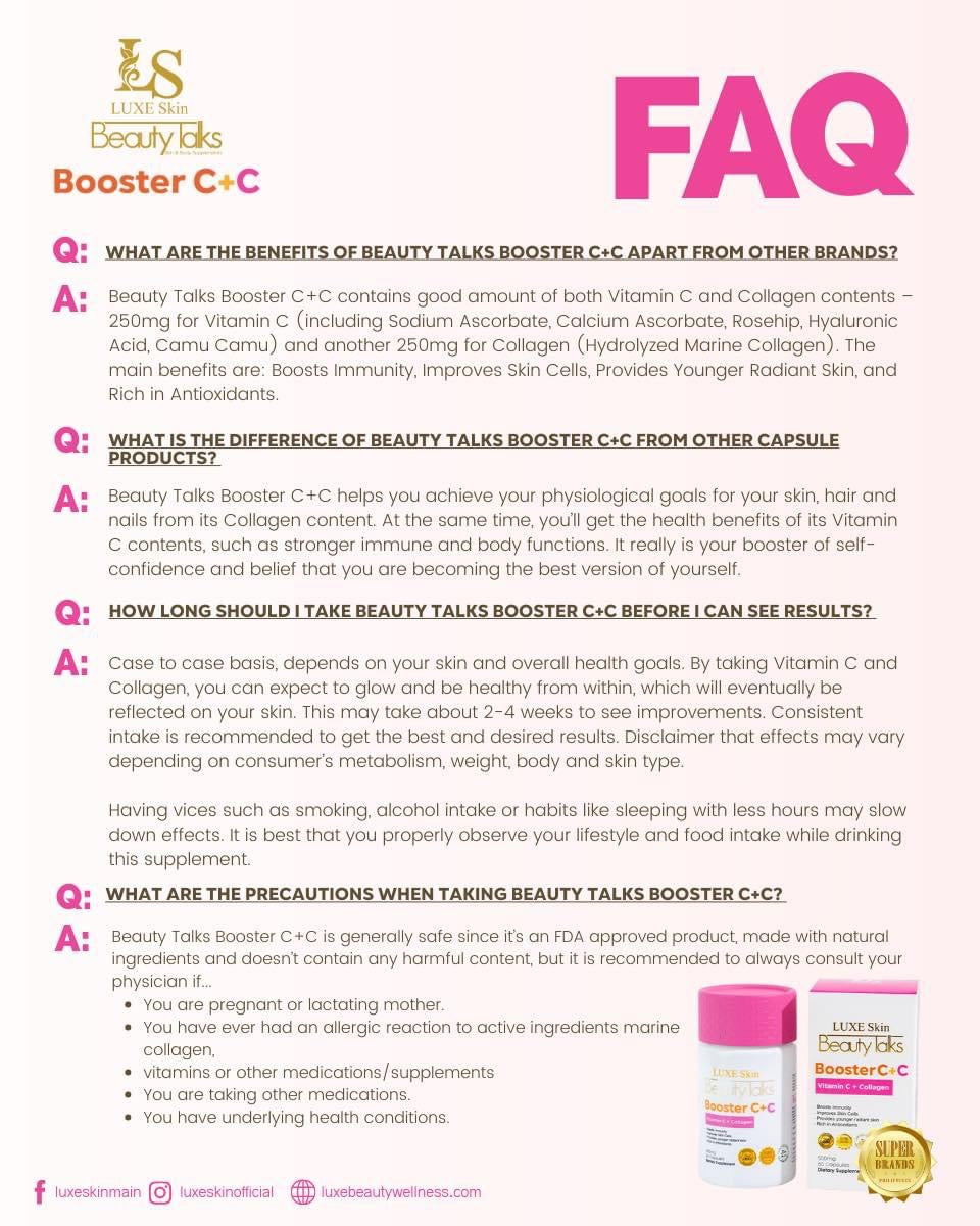 Luxe Skin -Beauty Talks Booster C+C | Vitamin C Collagen 60 Capsules (Pink Caps)