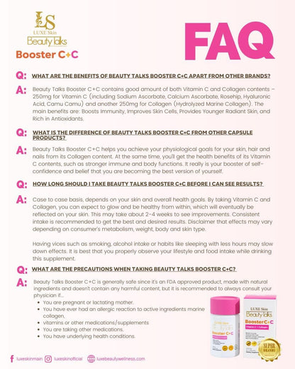 Luxe Skin -Beauty Talks Booster C+C | Vitamin C Collagen 60 Capsules (Pink Caps)