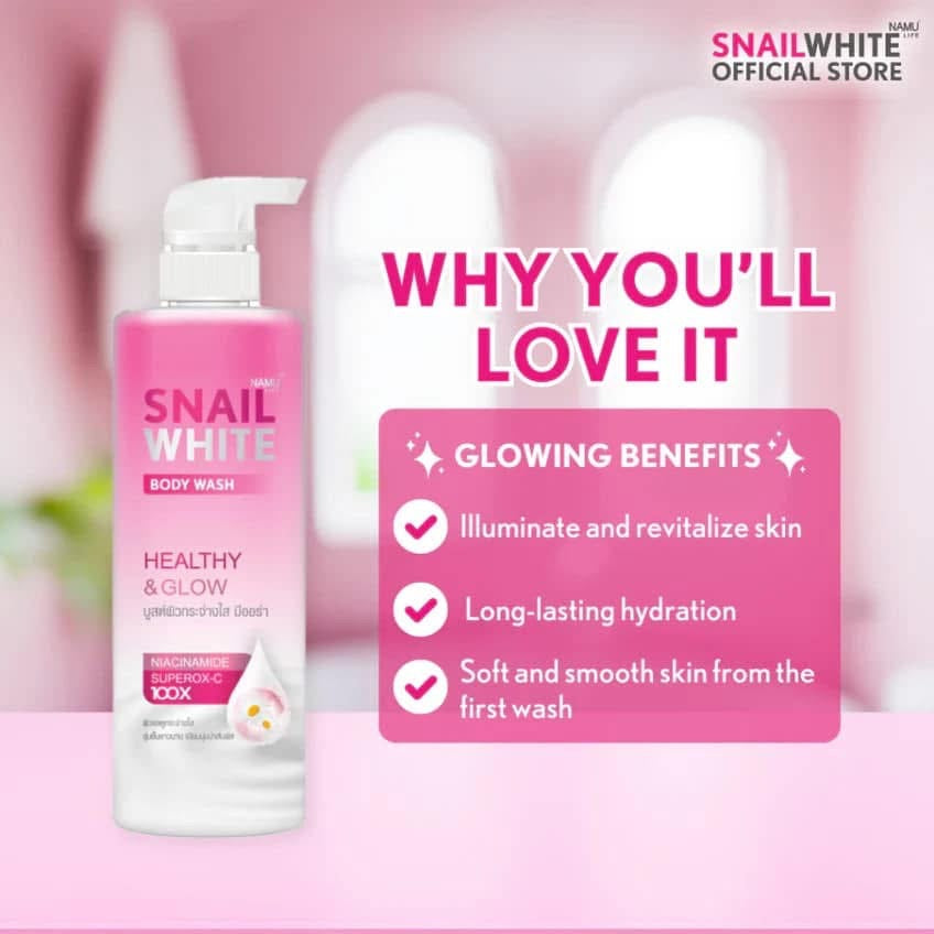 SNAIL WHITE BODY WASH- HEALTHY & GLOW NIACINAMIDE SUPEROX-C 100X (Pink) -500ml