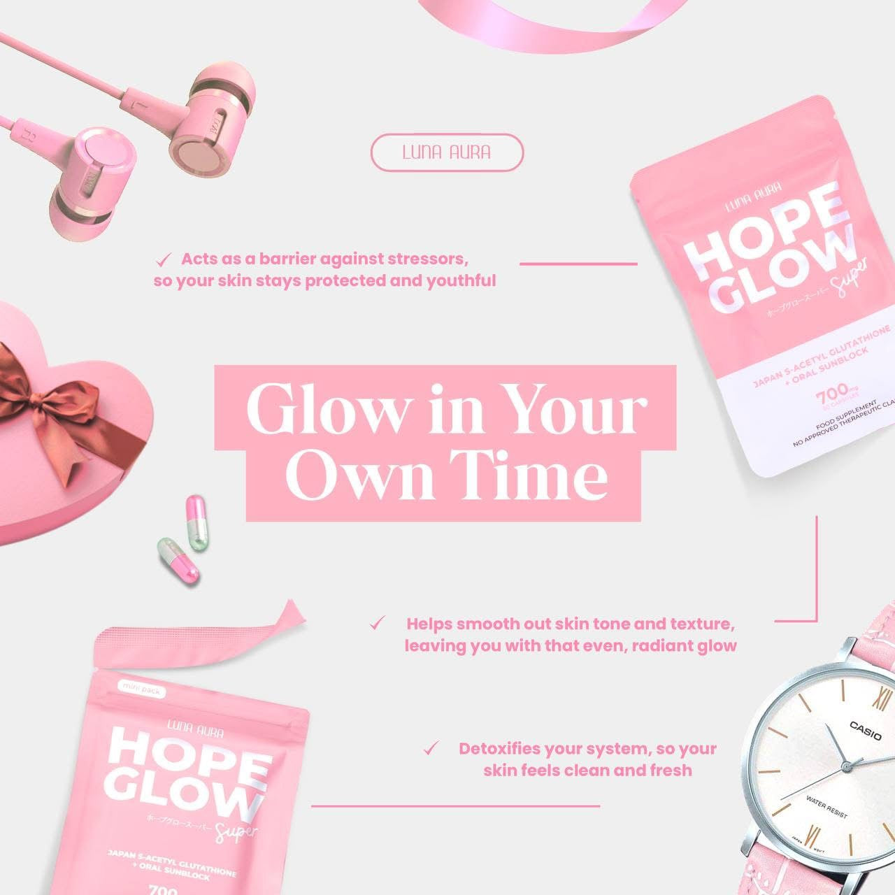 Luna Aura Hope glow super - Japan S-Acetyl Glutathione + Oral Sunblock 700g ( Trial pack 14/capsul)