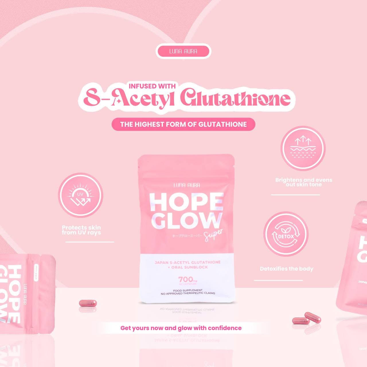 Luna Aura Hope glow super - Japan S-Acetyl Glutathione + Oral Sunblock 700g ( Trial pack 14/capsul)