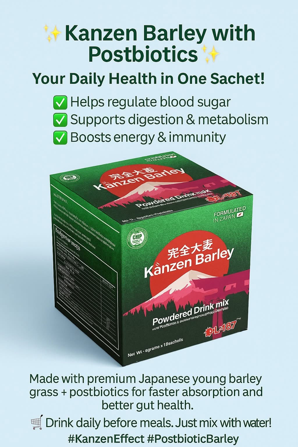 Kanzen Barley Powder Drink Mix with Prebiotic and Japan Patented POSTBIOTIC - 10sachet /Box