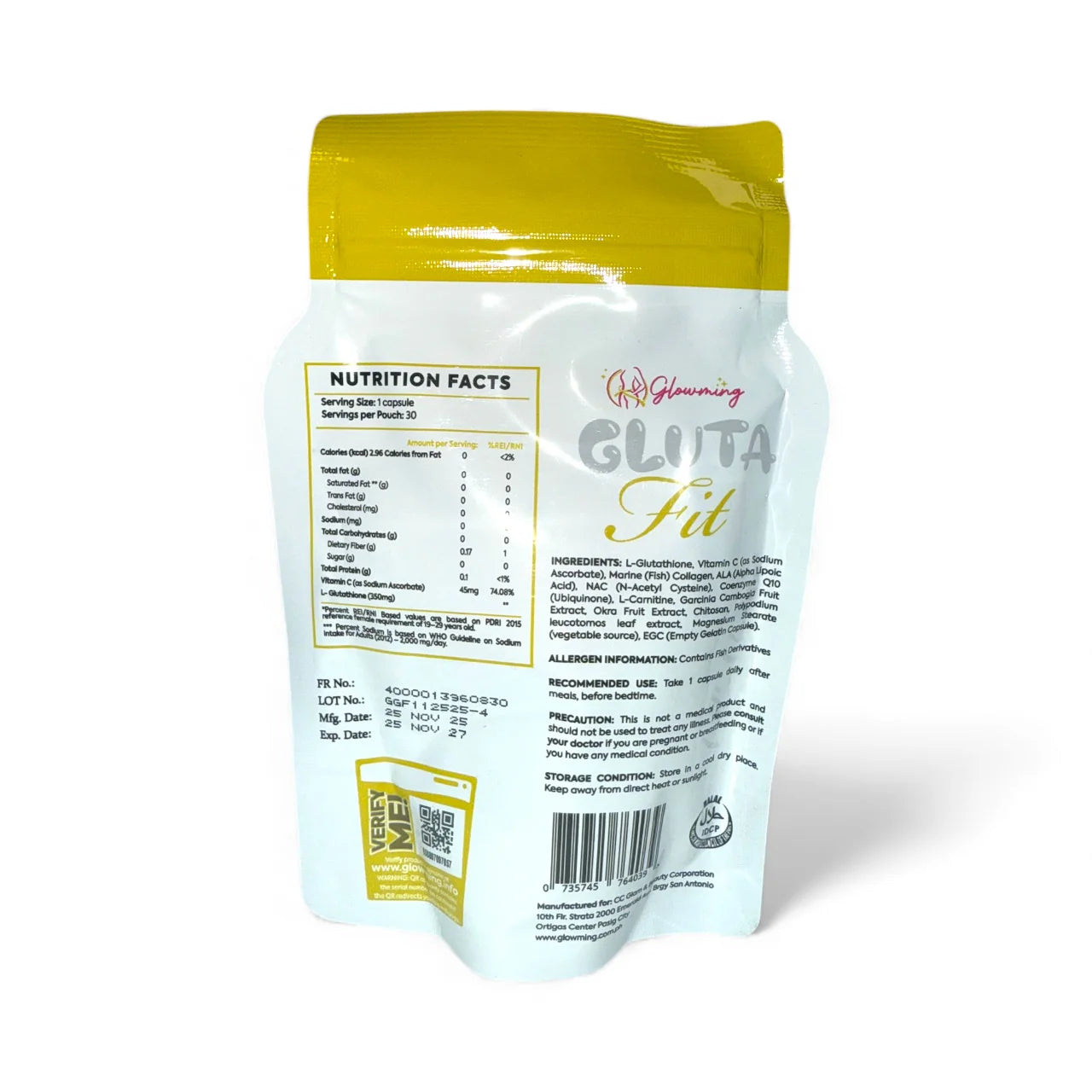 Glowming - Gluta Fit L-Glutathione  + Marine Collagen w/carnatine - 30caps/pack -1000mg