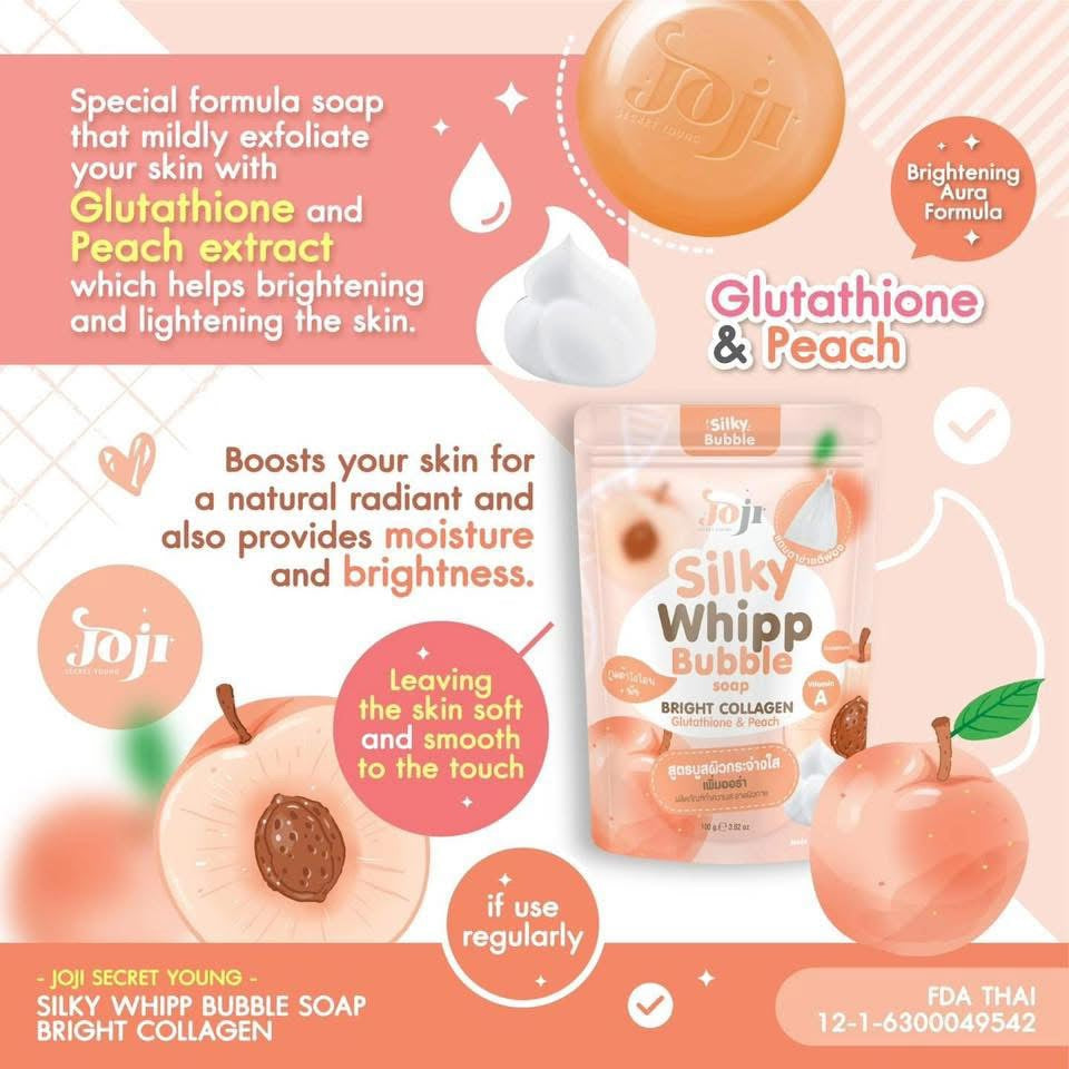Joji Secret Young Silky Whipp Bubble Whitening Soap with Collagen, Glutathione & Peach 100g