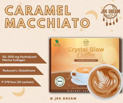 Crystal Glow Coffee CARAMEL MACCHIATO 50,000mg Hydrolyzed Marine Collagen Mix, 10 Sachets